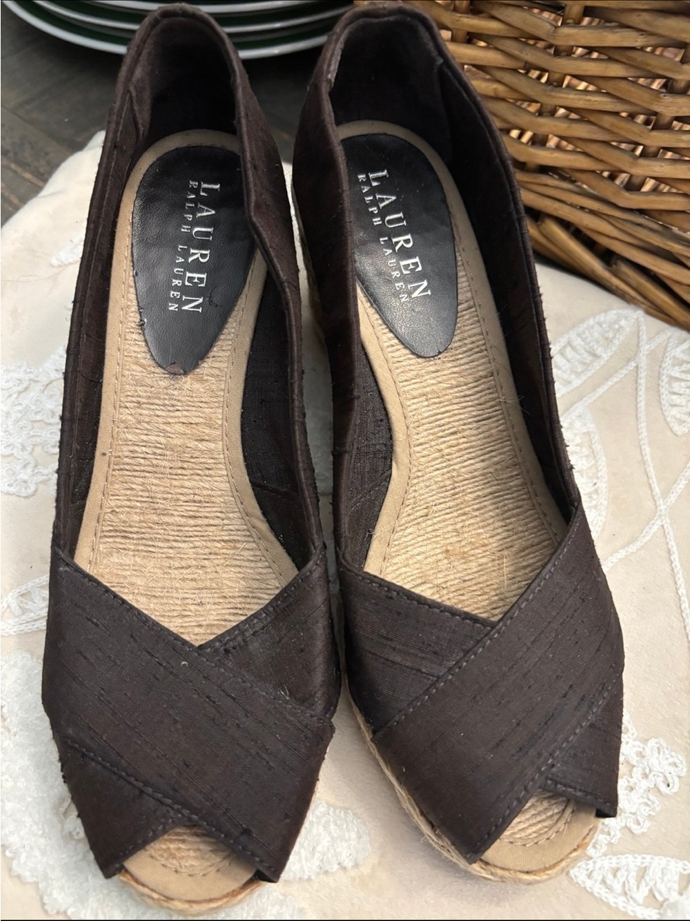 Lauren Ralph Lauren Brown Peep Toe Espadrille Wedge Shoes Size 8.5-9